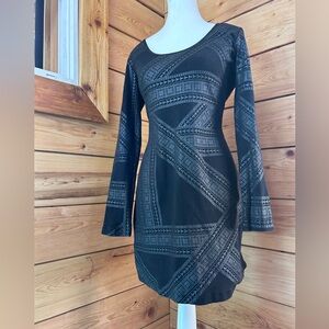 Gentle Fawn Black Geometric Bodycon Midi Dress Womens Large Stretchy Strappy Y2K